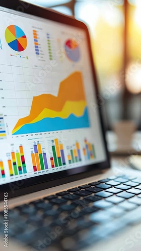 A colorful digital display shows various graphs and charts, illustrating data trends and analytics on a laptop screen.