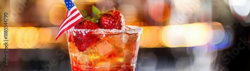 A vibrant cocktail garnished with raspberries and a small American flag, set against a colorful, blurred background. photo