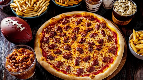 Football party feast: pepperoni pizza with fries, chips, and game snacks photo