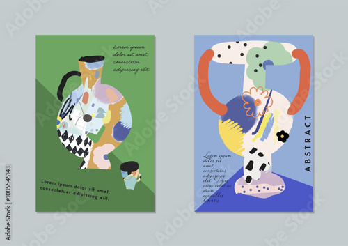 Hand drawn artistic posters with  pots. Collage art. Vector