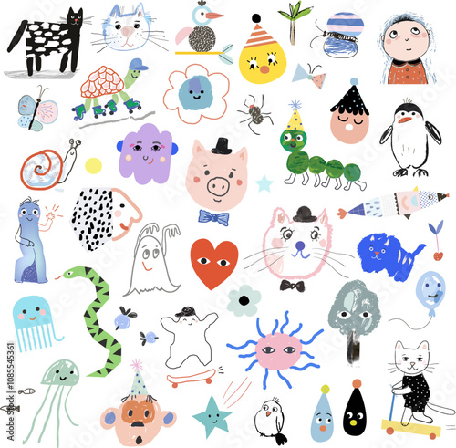 Doodles for kids. Cute abstract creative fun background. Vector. 