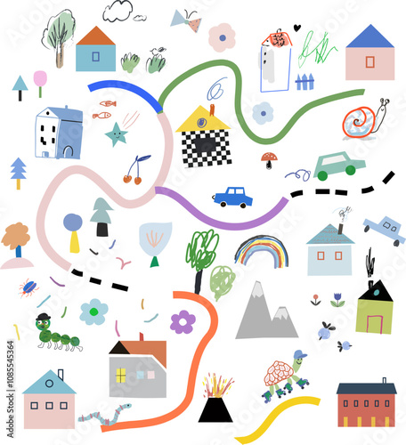 Cartoon kids mat. Cute town map. Hand drawn vector illustration for nursery