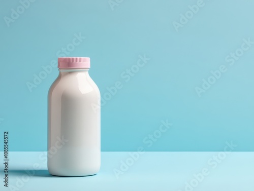 A minimalist image of a white bottle with a pink lid against a light blue background. The bottle is sleek and modern, perfect for showcasing your product.