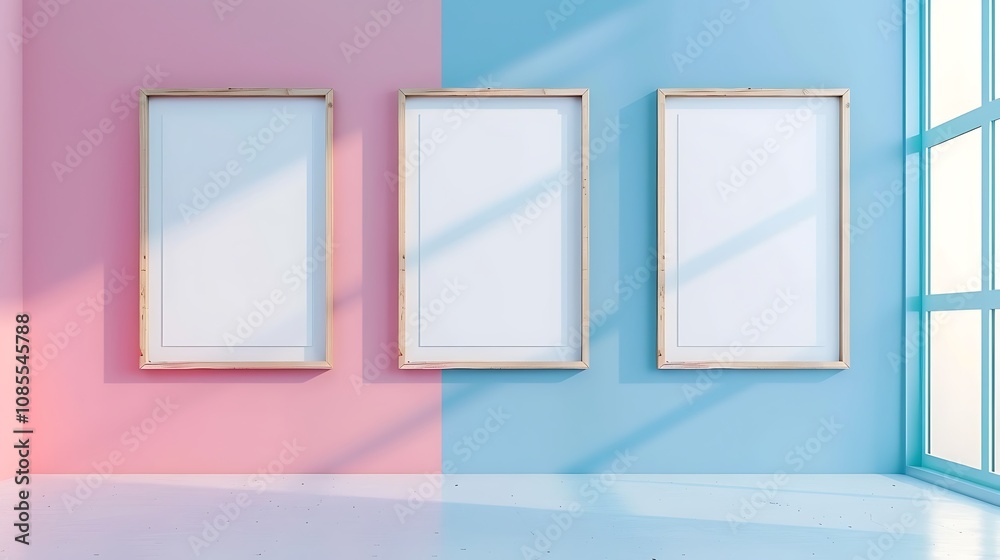 A minimalist interior with three empty frames on a split pink and blue wall. A minimalist interior with three empty frames on a split pink and blue wall.