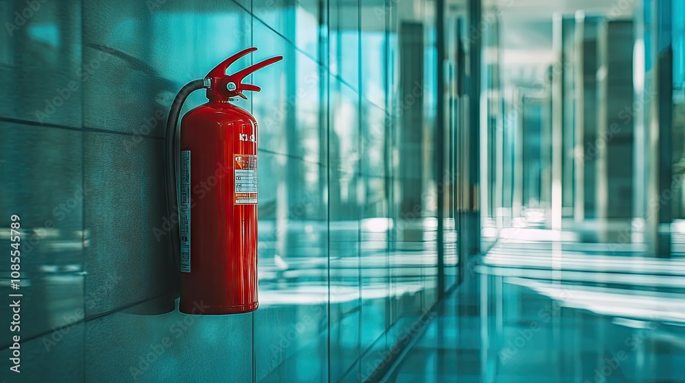 Fire extinguisher hanging on a glass wall in a modern office building, reflecting clean, sleek architecture. Fire extinguisher hanging on a glass wall in a modern office building, reflecting clean, sleek architecture.