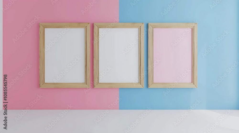 Three empty frames on a pink and blue wall, ready for artwork or decoration. Three empty frames on a pink and blue wall, ready for artwork or decoration.