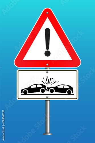 Attention dangerous street with a car crash sign. A road sign with an exclamation mark and two cars crashing into each other. Eps10 vector illustration