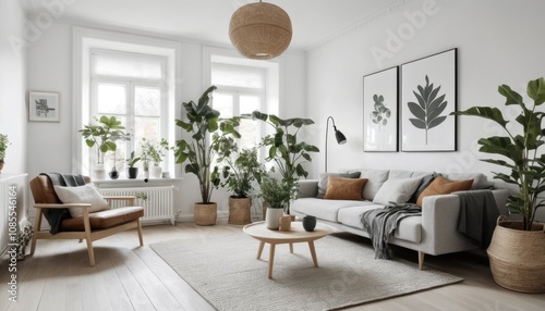 minimalistic Scandinavian living room with plants