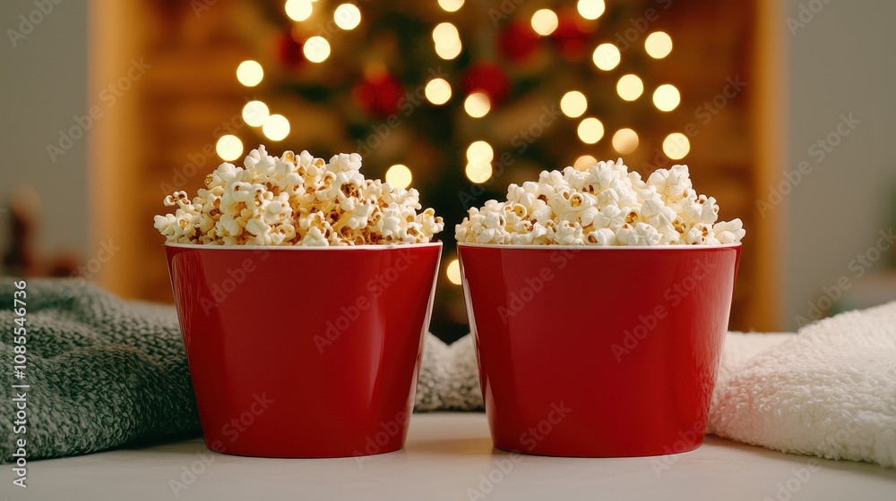 Two red popcorn buckets filled with popcorn sit on a table, with a blurred Christmas tree and lights in the background, creating a festive atmosphere. Two red popcorn buckets filled with popcorn sit on a table, with a blurred Christmas tree and lights in the background, creating a festive atmosphere.