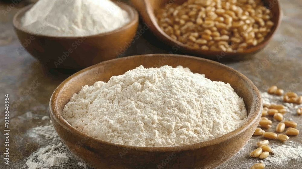 Flour and raw wheat dough in the center of a table, bowl of flour and wooden spoon in the background. Flour and raw wheat dough in the center of a table, bowl of flour and wooden spoon in the background.