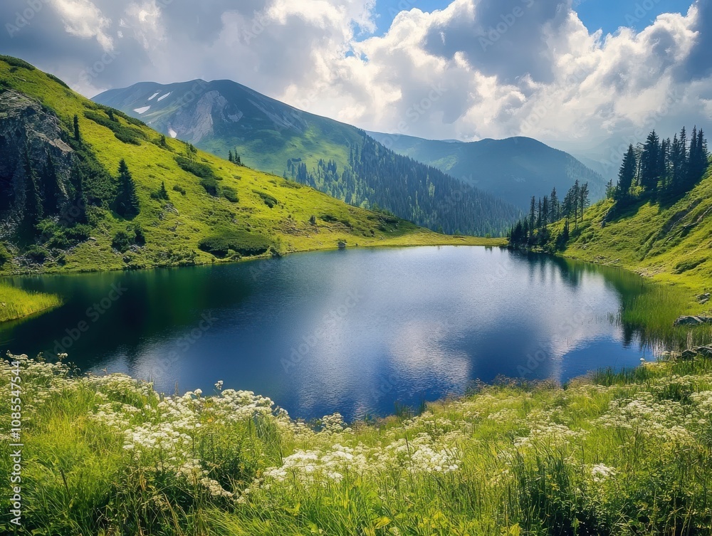 Serene mountain lake reflecting a vibrant blue sky. Lush green hills surround the tranquil waters, creating a picturesque landscape.