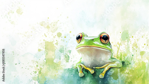 Bright green frog sitting on a rock surrounded by colorful splashes of paint in nature photo