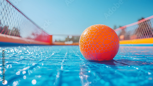 An Energetic and Colorful Inflatable Bossaball Court Under a Bright Blue Sky, Ideal for Outdoor Fun and Dynamic Sport Activities photo