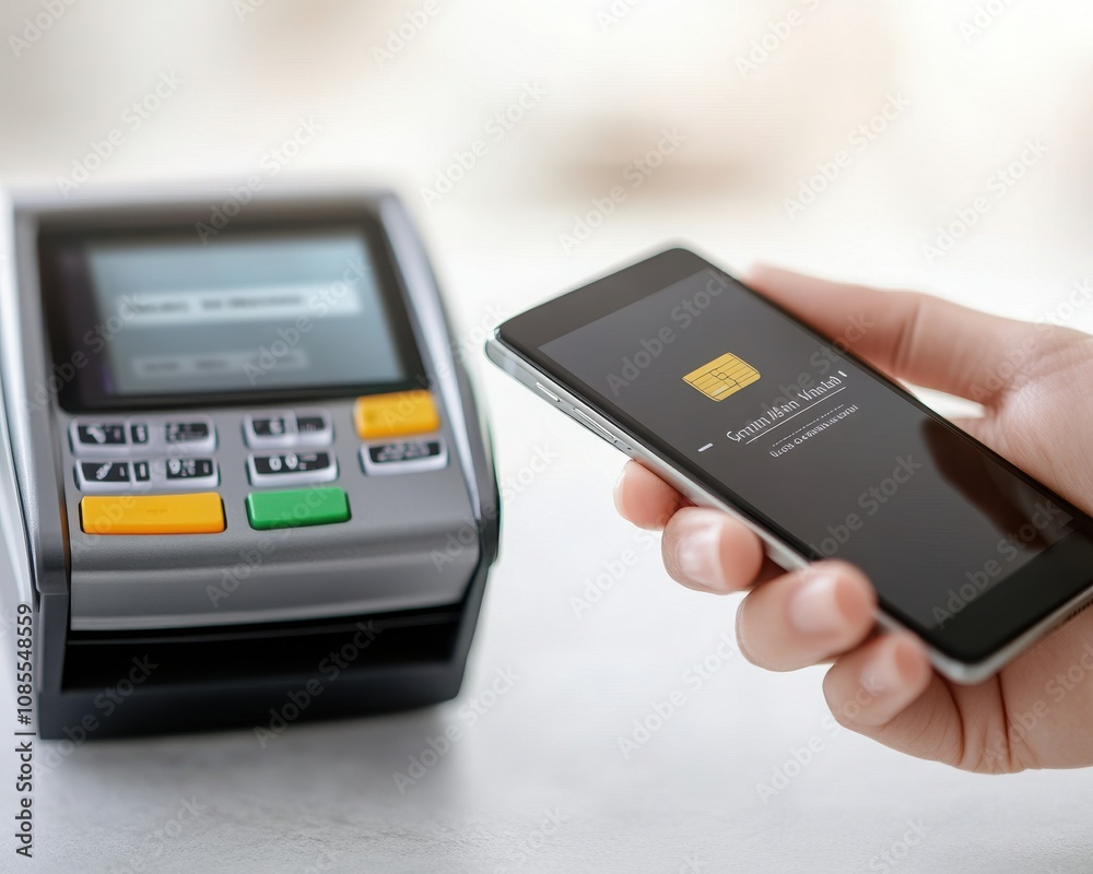 A person using a smartphone for contactless payment at a point of sale terminal, showcasing modern payment technology. A person using a smartphone for contactless payment at a point of sale terminal, showcasing modern payment technology.