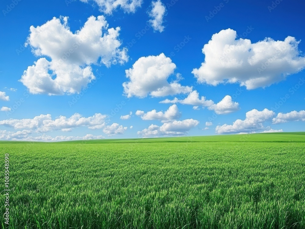 Vibrant green field under a bright blue sky dotted with fluffy white clouds. A serene and peaceful landscape. Vibrant green field under a bright blue sky dotted with fluffy white clouds. A serene and peaceful landscape.