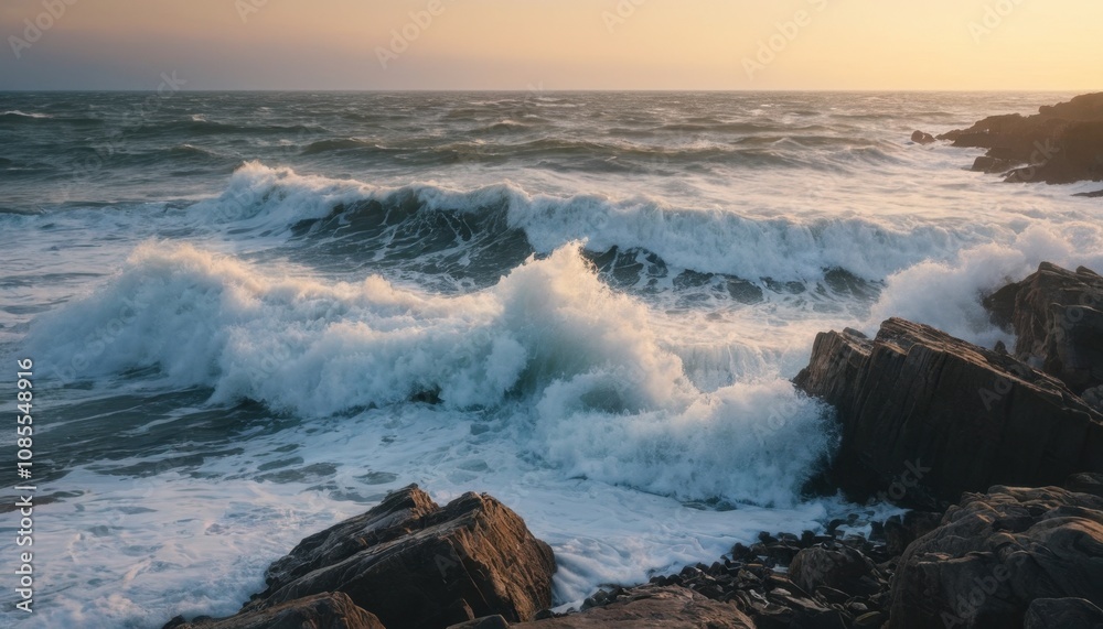 ocean waves crashing onto rocky shore at sunrise ocean waves crashing onto rocky shore at sunrise