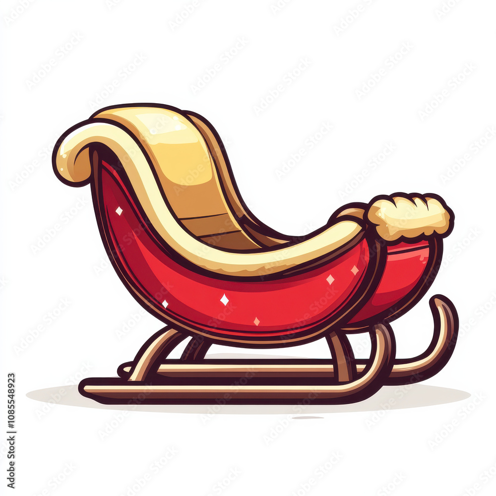 vibrant red sleigh with plush golden interior, perfect for winter festivities. This cartoon style illustration features bold outlines and cozy design, evoking sense of holiday cheer