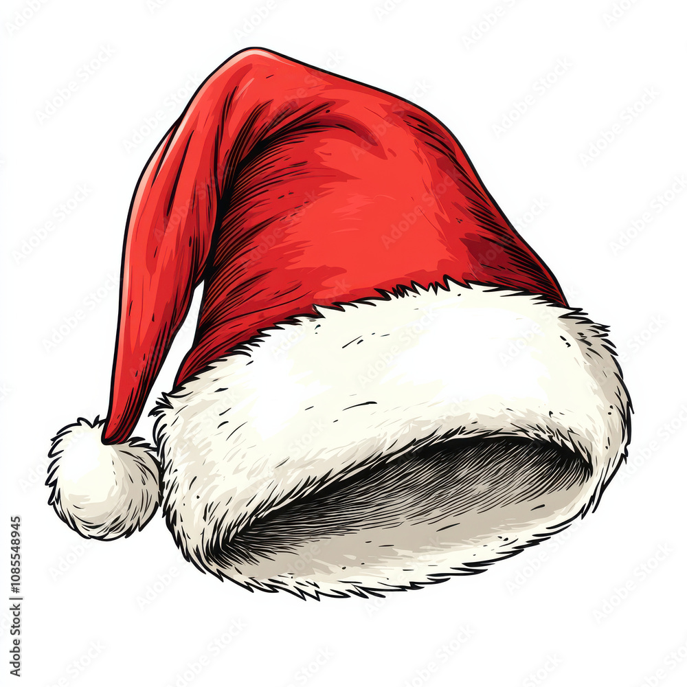 Red Santa hat illustration with bold outline, perfect for festive designs. This cartoon style image captures holiday spirit with its vibrant colors and playful design