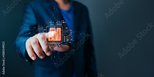 man touch ai chipset tech. Big data center storage.Digital Artificial Intelligence technology disruption concept. We are implementing storage technology support and service in the business.