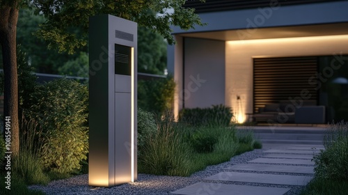 Freestanding modern mailbox with sleek lines and subtle lighting, positioned in a minimalist garden.