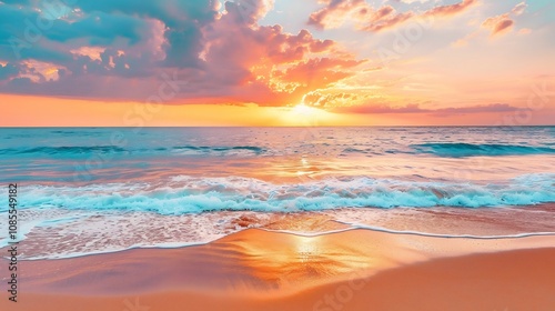 Ocean Sunset with Waves on the Sandy Beach