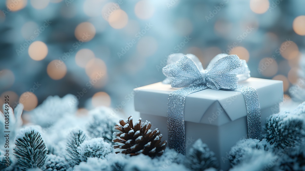 White Christmas gift box decorated with silver ribbon, pine cone and evergreen branch, composed against soft blue winter background with dreamy bokeh lights and gentle snowfall. White Christmas gift box decorated with silver ribbon, pine cone and evergreen branch, composed against soft blue winter background with dreamy bokeh lights and gentle snowfall.