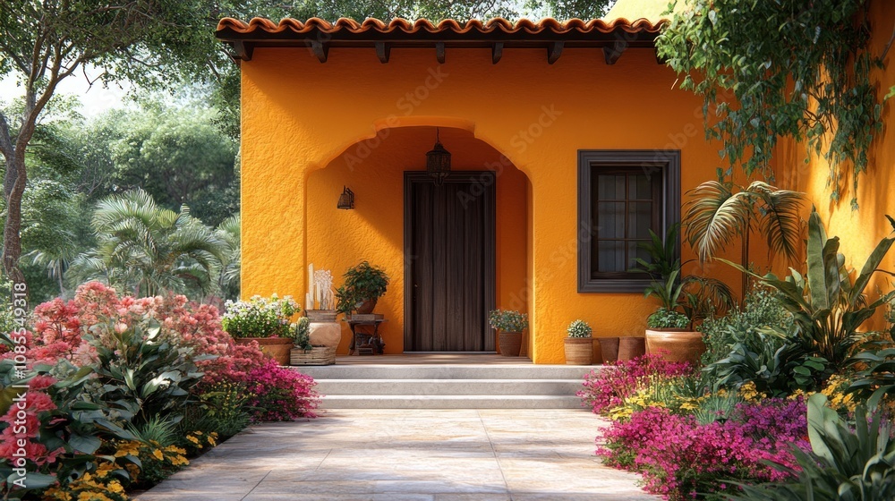 Vibrant entrance of a home surrounded by lush flowers and greenery. Vibrant entrance of a home surrounded by lush flowers and greenery.