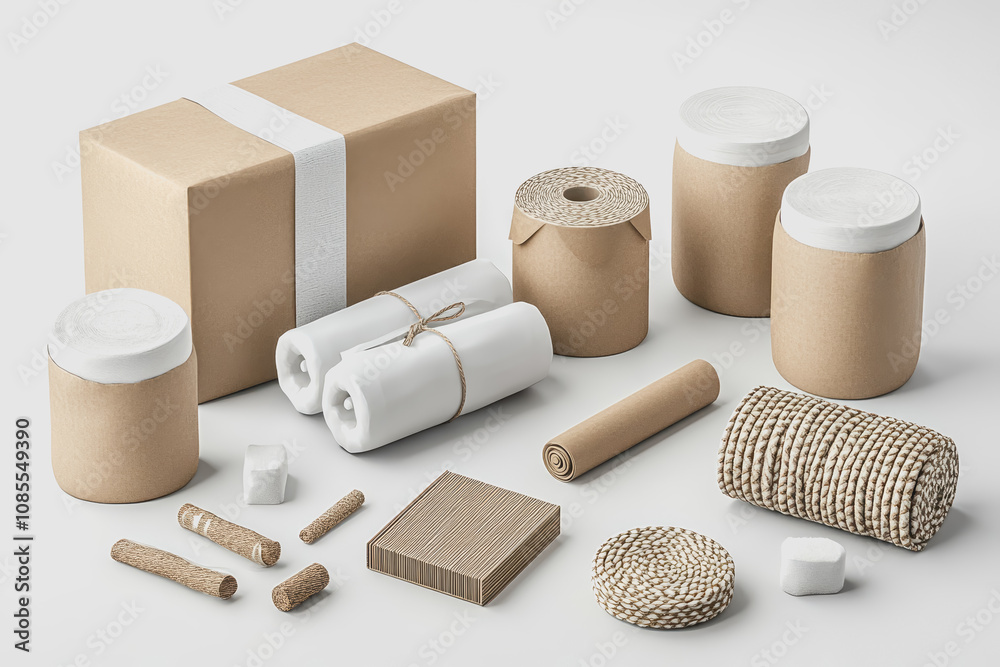 Naklejka premium Detailed of Gift Wrapping Materials Including Brown Boxes, Rolls of Paper, and Decorative Items Isolated on White Background for Creative Projects