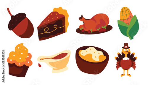 A delightful Thanksgiving-themed illustration set featuring acorn, turkey, pie, mashed potatoes, corn, gravy, and a cupcake. Perfect for holiday designs and celebrations.
