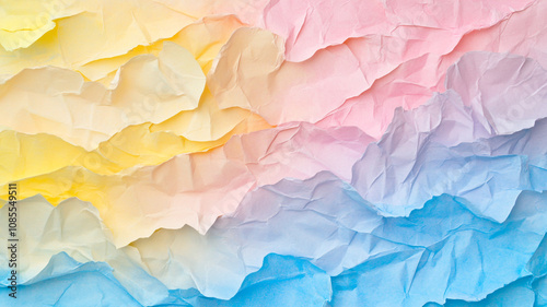 Soft pastels of crumpled paper arranged in a colorful display creating a textured visual effect