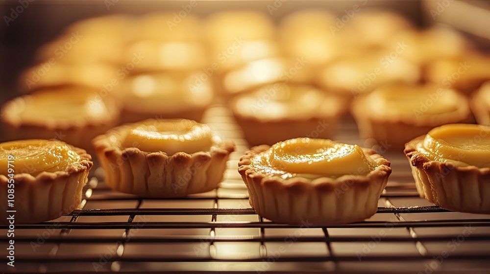 Freshly baked egg custard tarts lined up on a cooling rack, with golden tops and soft lighting. Freshly baked egg custard tarts lined up on a cooling rack, with golden tops and soft lighting.