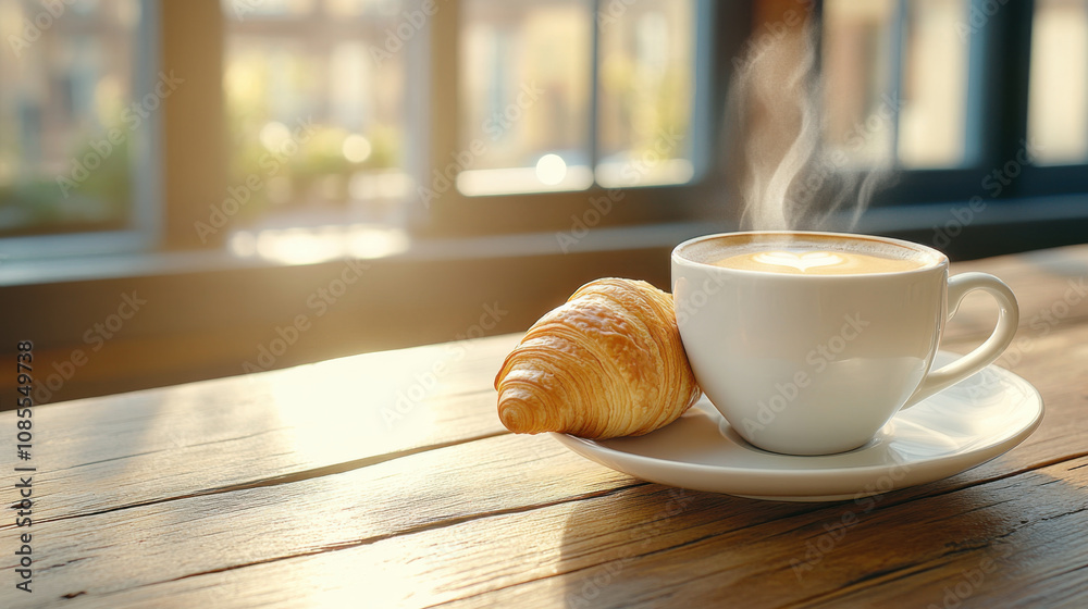 Baking Homemade, steaming cup of coffee sits beside fresh croissant on wooden table, creating warm and inviting atmosphere perfect for cozy morning Baking Homemade, steaming cup of coffee sits beside fresh croissant on wooden table, creating warm and inviting atmosphere perfect for cozy morning
