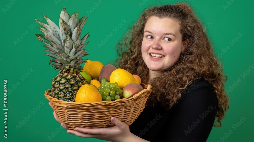 A woman joyfully holds a basket of assorted fruits against a green background. A woman joyfully holds a basket of assorted fruits against a green background.