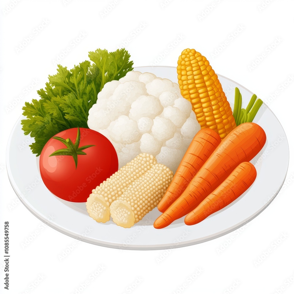 Fresh vegetables including corn, carrots, and tomato on a white plate. Fresh vegetables including corn, carrots, and tomato on a white plate.