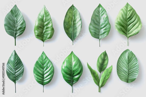 Realistic Illustration of Green Leaves Isolated on a White Background Showcasing Different Shapes and Textures for Nature and Botanical Themes