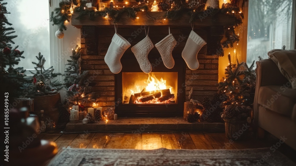Cozy fireplace decorated for the holiday season. Cozy fireplace decorated for the holiday season.