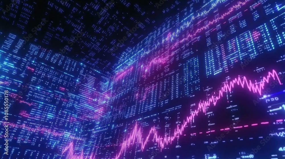 Obraz premium Abstract Data Visualization with Colorful Graphs and Digital Code Representing Financial Trends and Analytics in a Futuristic Environment