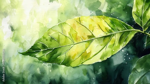 Watercolor Floral Arts, famous arts inspired. A vibrant green leaf depicted in watercolor art, showcasing rich details and textures against a soft, blurred green background.