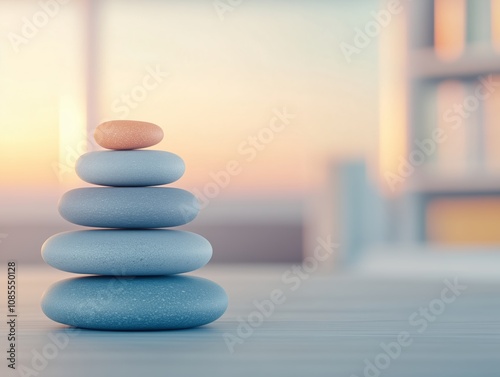 Elegant Tower of Smooth Pebbles Symbolizing Balance and Zen Amidst a Serene Sunset with Soft Pastel Colors