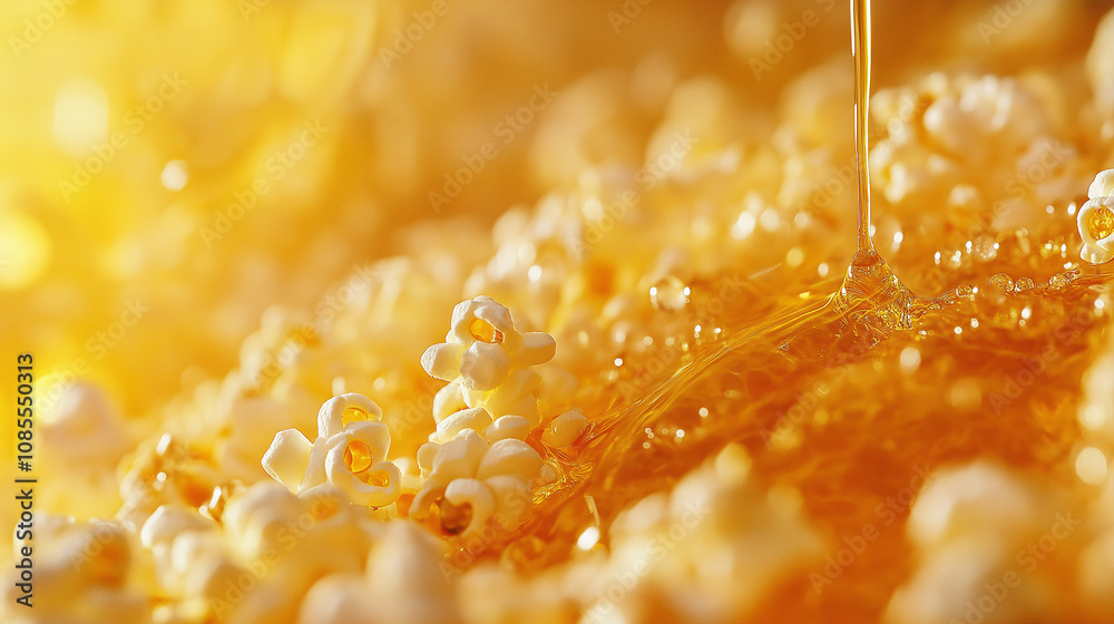 Popcorn with melted butter dripping, close-up of golden texture Popcorn with melted butter dripping, close-up of golden texture