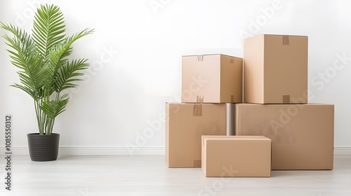 Moving boxes and packing supplies arranged methodically in a container shop aisle photo