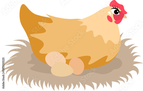 Farm Animals. Cute farm. A red hen sits in a nest with eggs. Collection of farm animals. Baby flat vector illustration.