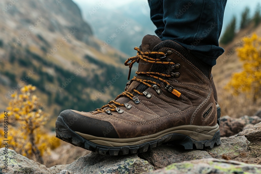Hiking boot on rocky terrain in a natural setting. Hiking boot on rocky terrain in a natural setting.