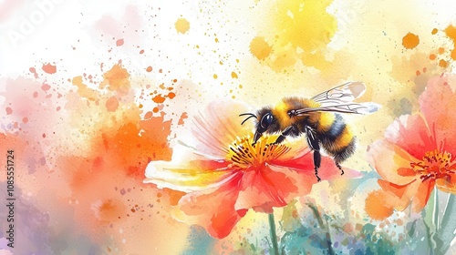 Watercolor Floral Arts, famous arts inspired. A vibrant watercolor illustration depicting a bee pollinating bright orange flowers, surrounded by splashes of color and soft, dreamy backgrounds.
