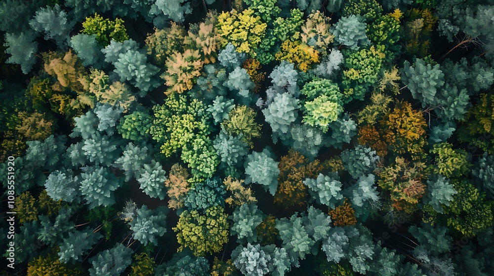 Aerial view of a dense forest showcasing various shades of green and autumn colors. Aerial view of a dense forest showcasing various shades of green and autumn colors.