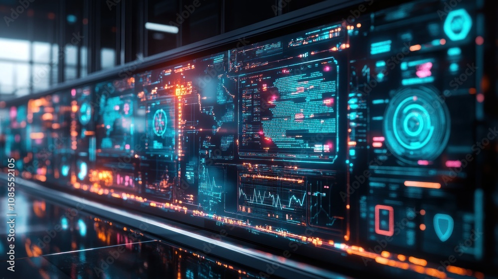 Fototapeta premium Futuristic control panel with data visualizations.