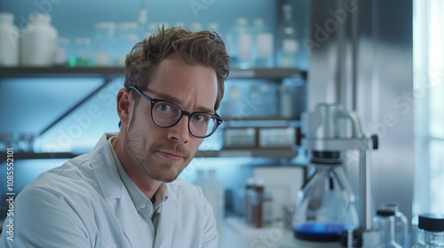 Portrait of male pharmacist standing in drugstore wearing white lab coat. Handsome educated man working in pharmacy. Mature healthcare worker smiling at camera.