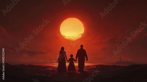 Silhouetted Family Strolling on the Beach at Sunset, Holding Hands Against a Vibrant Orange Sunset Sky with Dramatic Clouds and Ocean Waves