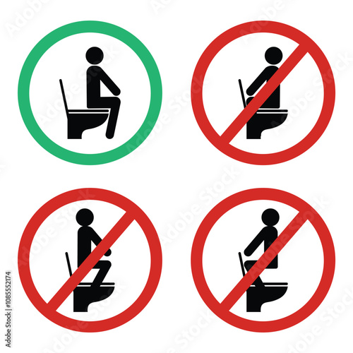 WC toilet sign set. Warning sign sit on toilet seat, no standing, do not squat on top on toilet