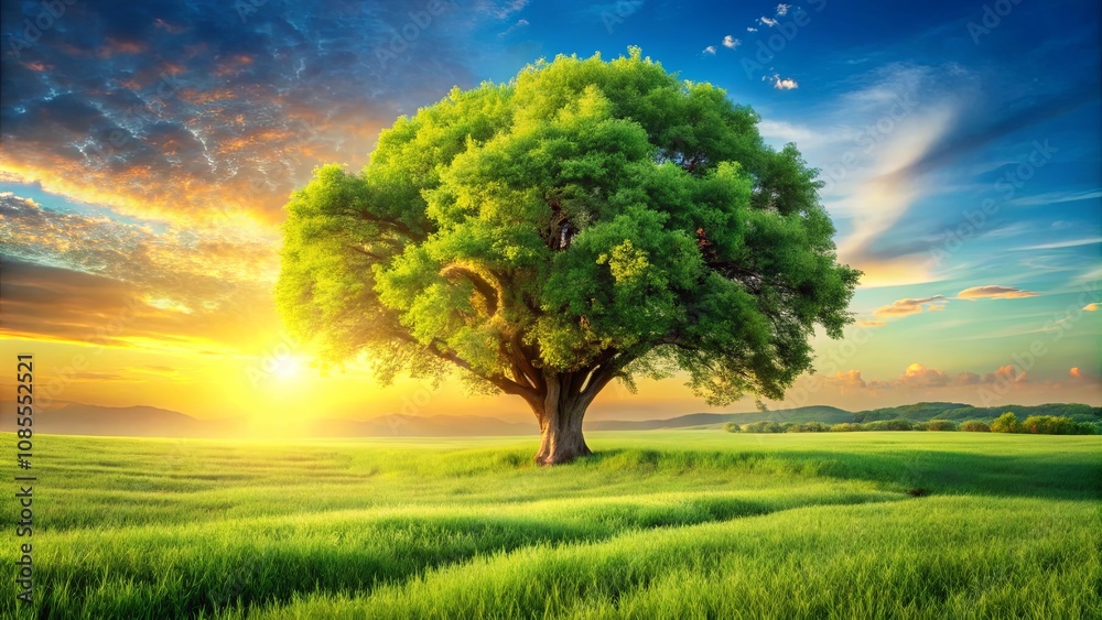 Fototapeta premium A Majestic Tree Stands Tall in a Lush Meadow at Sunset, Its Branches Spreading Wide Against a Sky of Fiery Hues